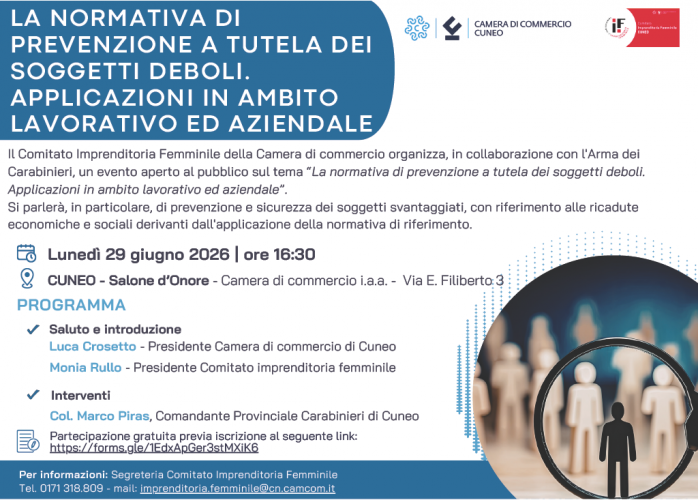 Sfondo bianco, titolo all'interno di un cilindro blu, loghi della cciaa di cuneo e del comitato imprenditoria femminile