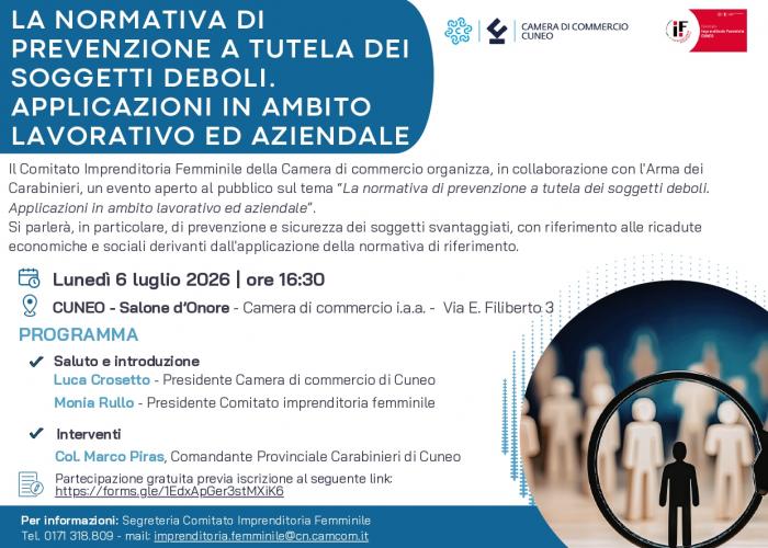 Sfondo bianco, titolo all'interno di un cilindro blu, loghi della cciaa di cuneo e del comitato imprenditoria femminile. 