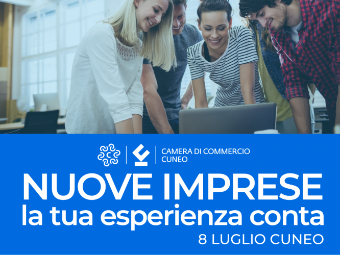 Ci sono dei ragazzi intorno ad un computer, in basso un rettangolo blu e all'interno il titolo: nuove imprese, la tua esperienza conta