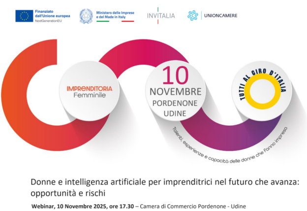 Locandina del webinar “Donne e intelligenza artificiale” – 10 novembre 2025, Camera di Commercio Pordenone-Udine.
