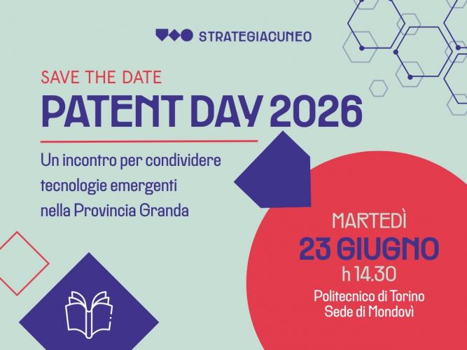 sfondo verde chiaro, titolo: Patent day 20206, cerchio rosso e esagoni blu