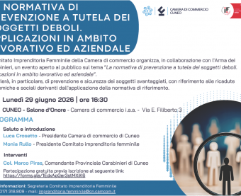 Sfondo bianco, titolo all'interno di un cilindro blu, loghi della cciaa di cuneo e del comitato imprenditoria femminile