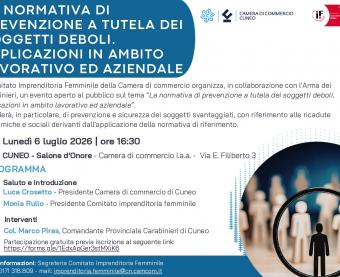 Sfondo bianco, titolo all'interno di un cilindro blu, loghi della cciaa di cuneo e del comitato imprenditoria femminile. 