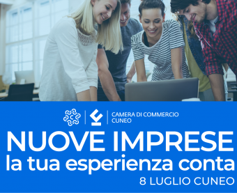Ci sono dei ragazzi intorno ad un computer, in basso un rettangolo blu e all'interno il titolo: nuove imprese, la tua esperienza conta