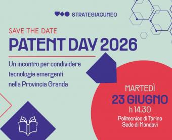 sfondo verde chiaro, titolo: Patent day 20206, cerchio rosso e esagoni blu